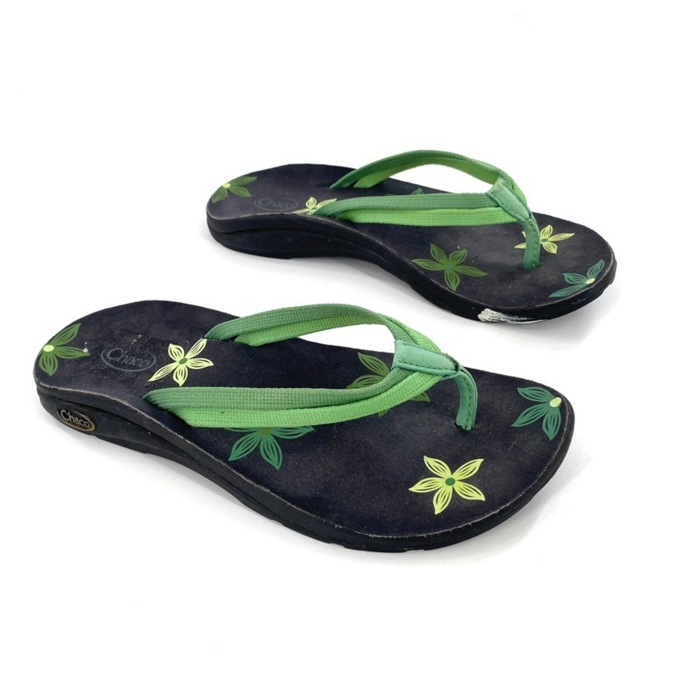 Chaco Women's Flip Flops‎ Thong Sandals Sz 7 Black Green Floral Casual Summer